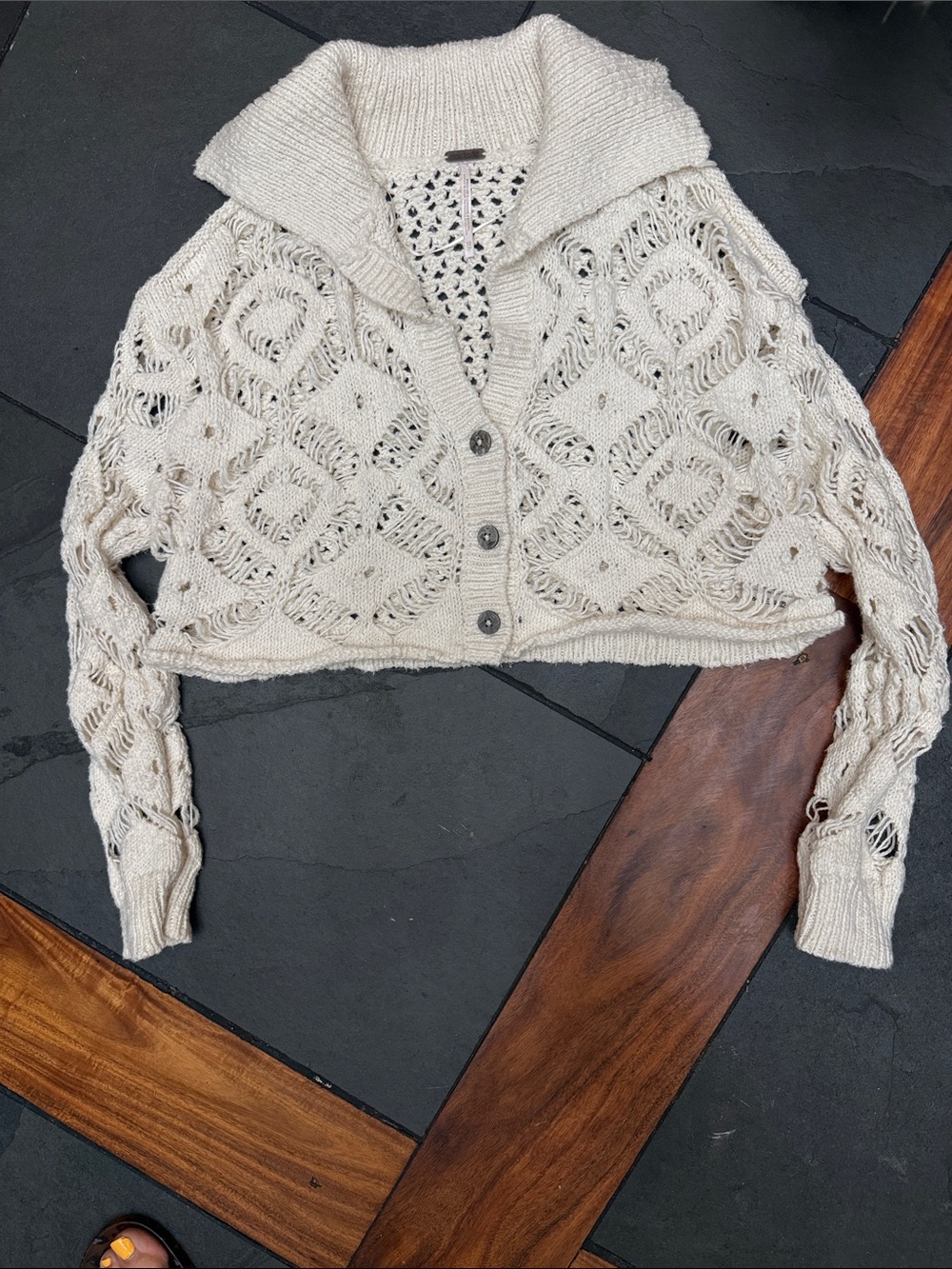 Free People Cream Open Knit Distressed Cropped Cardigan Sweater Size XS